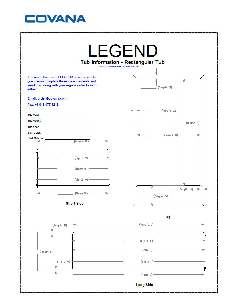 Covana Legend rectangular swim spa information form for cover 